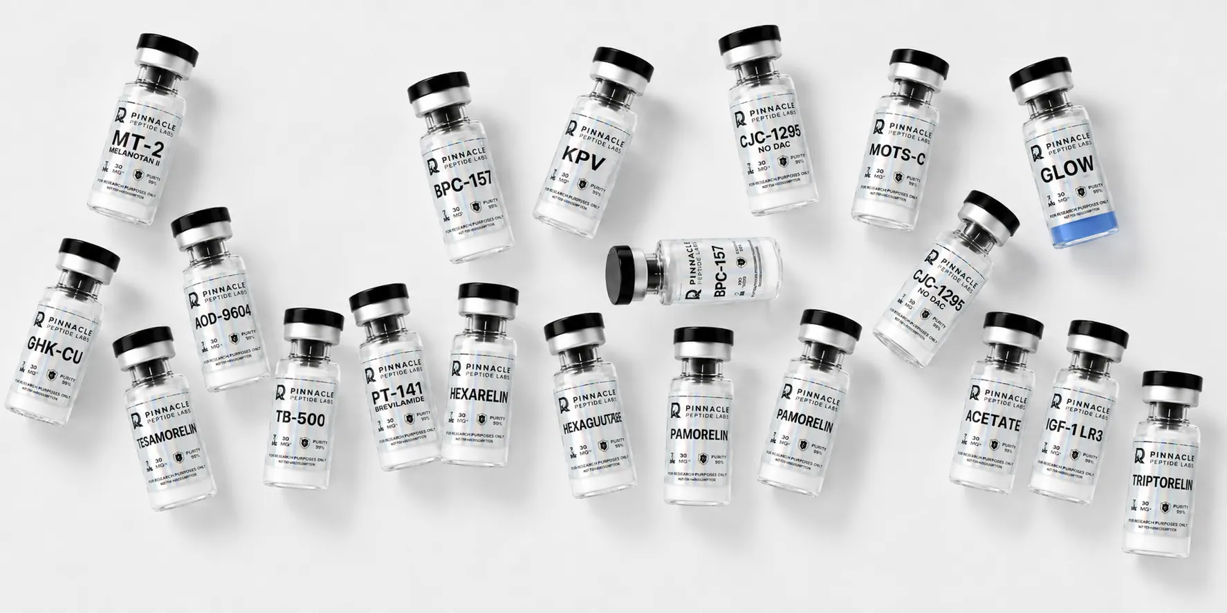 A spread of Pinnacle Peptide Labs research-grade peptide vials